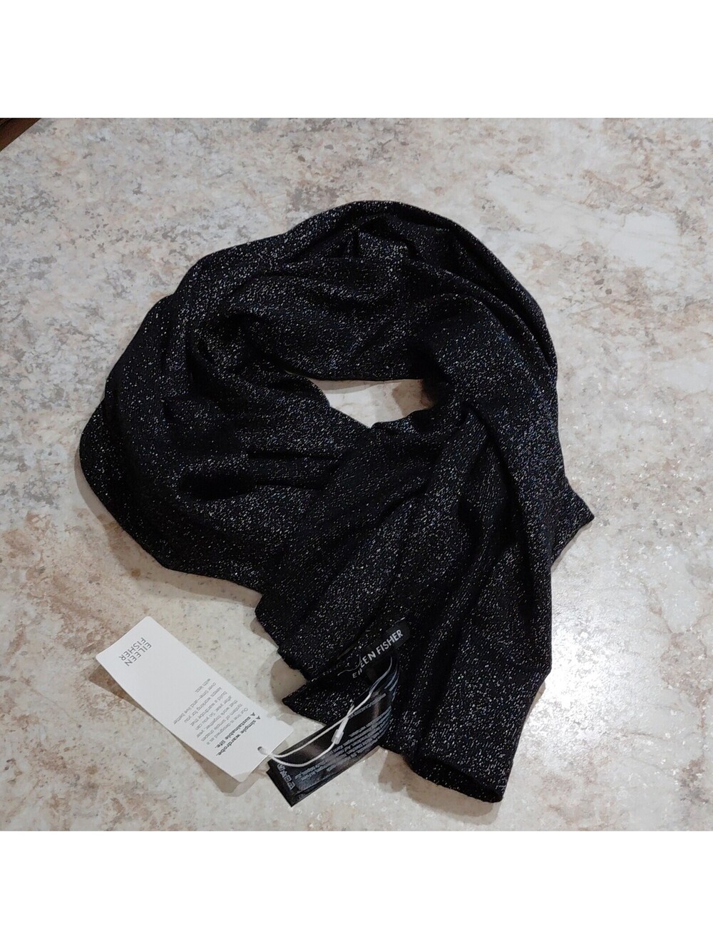 NWT Eileen Fisher Scarf Black Metallic Merino Wool Knit Solid 13 × 76 #876